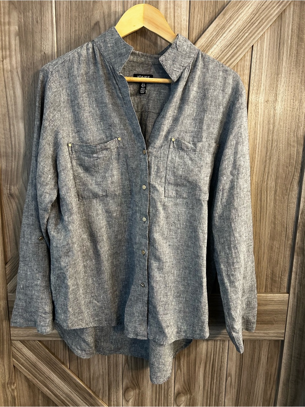 Jones New York Linen-Blend Roll-Tab Sleeve Button-Down Shirt - Size Large